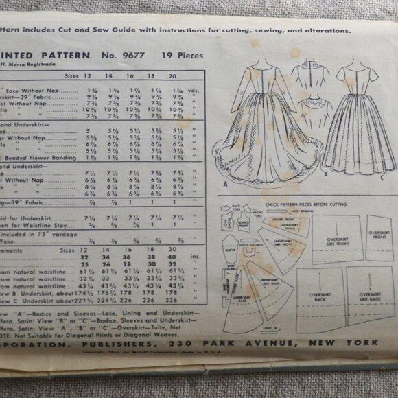 1954 McCall's Fashion First Bridal Dresses Sewing Pattern 9677 SZ 14 BUST 34 - Picture 8 of 8